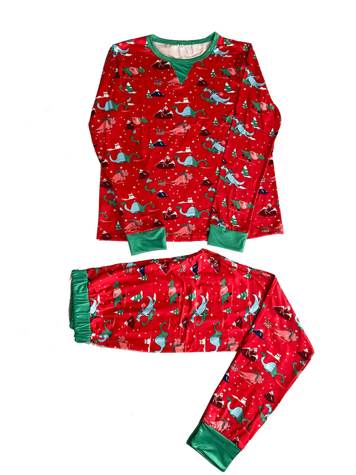 红色可爱恐龙图案家庭配套睡衣套装