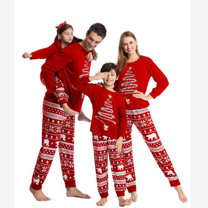 红色圣诞树印花家庭配套睡衣套装