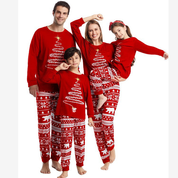 红色圣诞树印花家庭配套睡衣套装