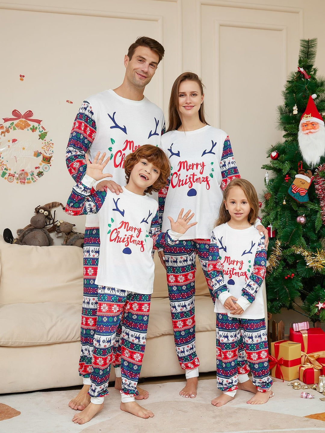 Seturi de pijamale de Crăciun cu căprioare în carouri Fmalily (cu animale de companie)
