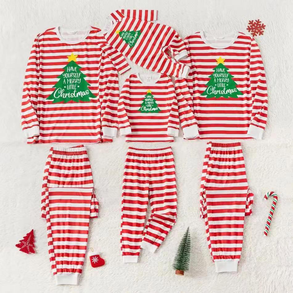 Red and White Striped Christmas Tree Fmalily Matching Pajamas Sets