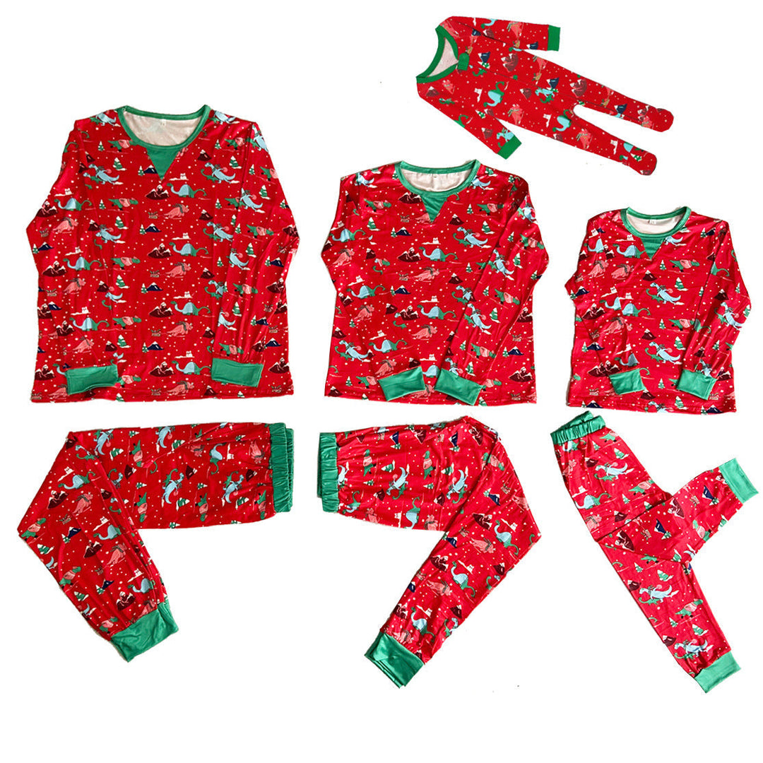 红色可爱恐龙图案家庭配套睡衣套装