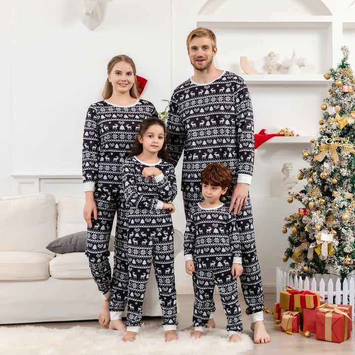 圣诞黑白印花家庭配套睡衣套装