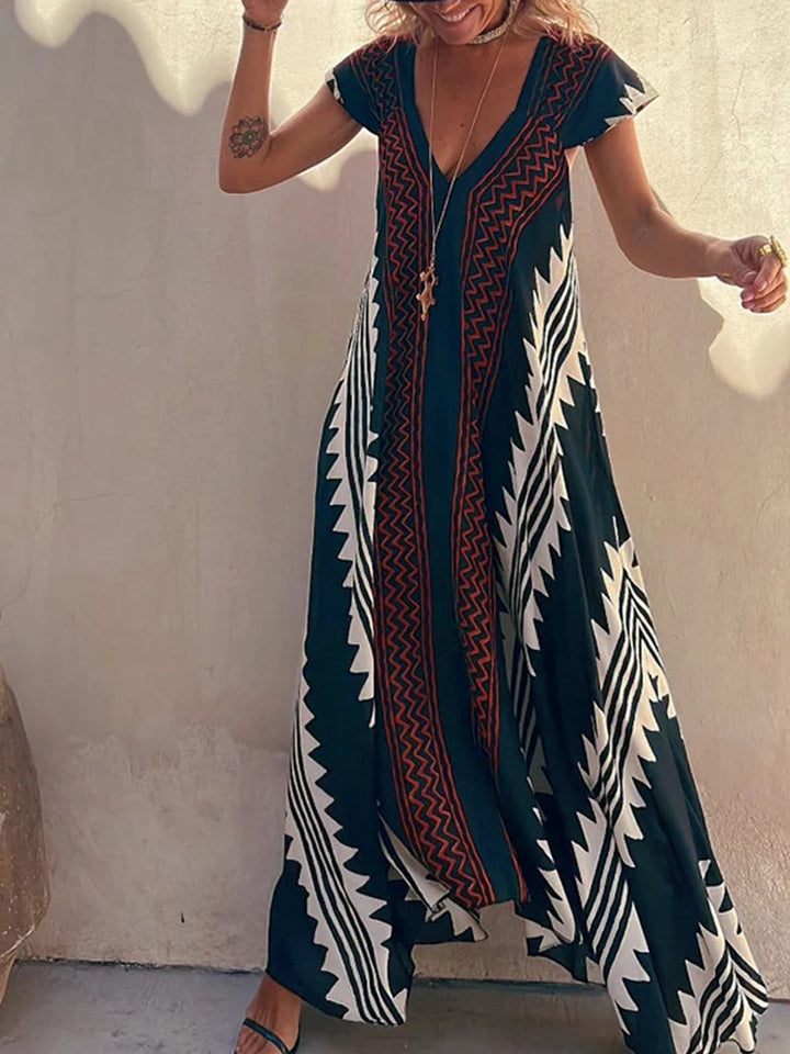 Shannon vestido maxi boêmio com estampa asteca