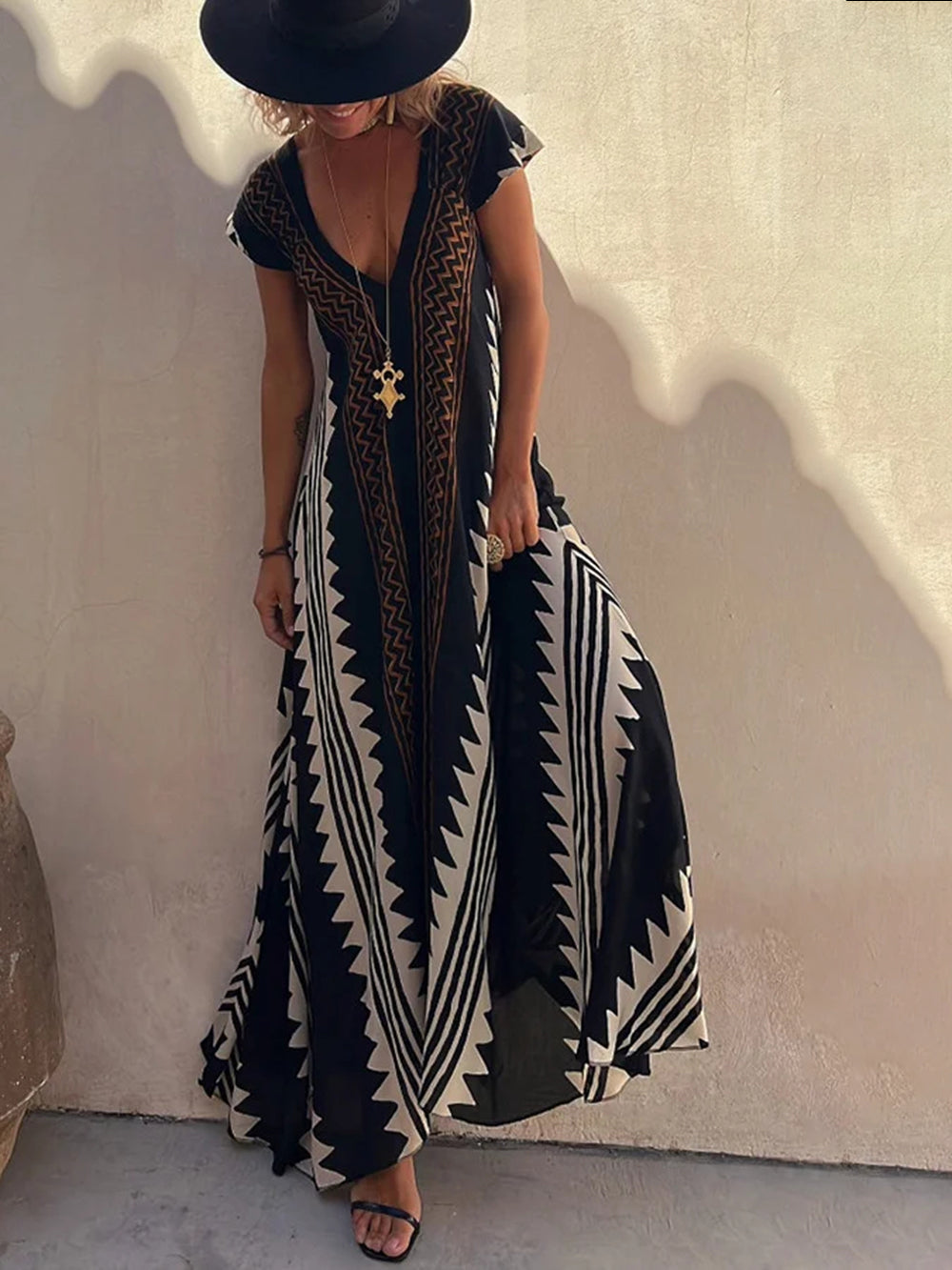 Shannon vestido maxi boêmio com estampa asteca