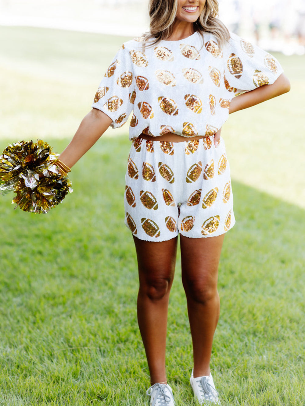 White And Gold Sequin Football Short Set
