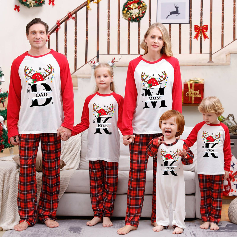Christmas Antlers and Letter Red and Black Plaid  Matching Family Pajamas Set