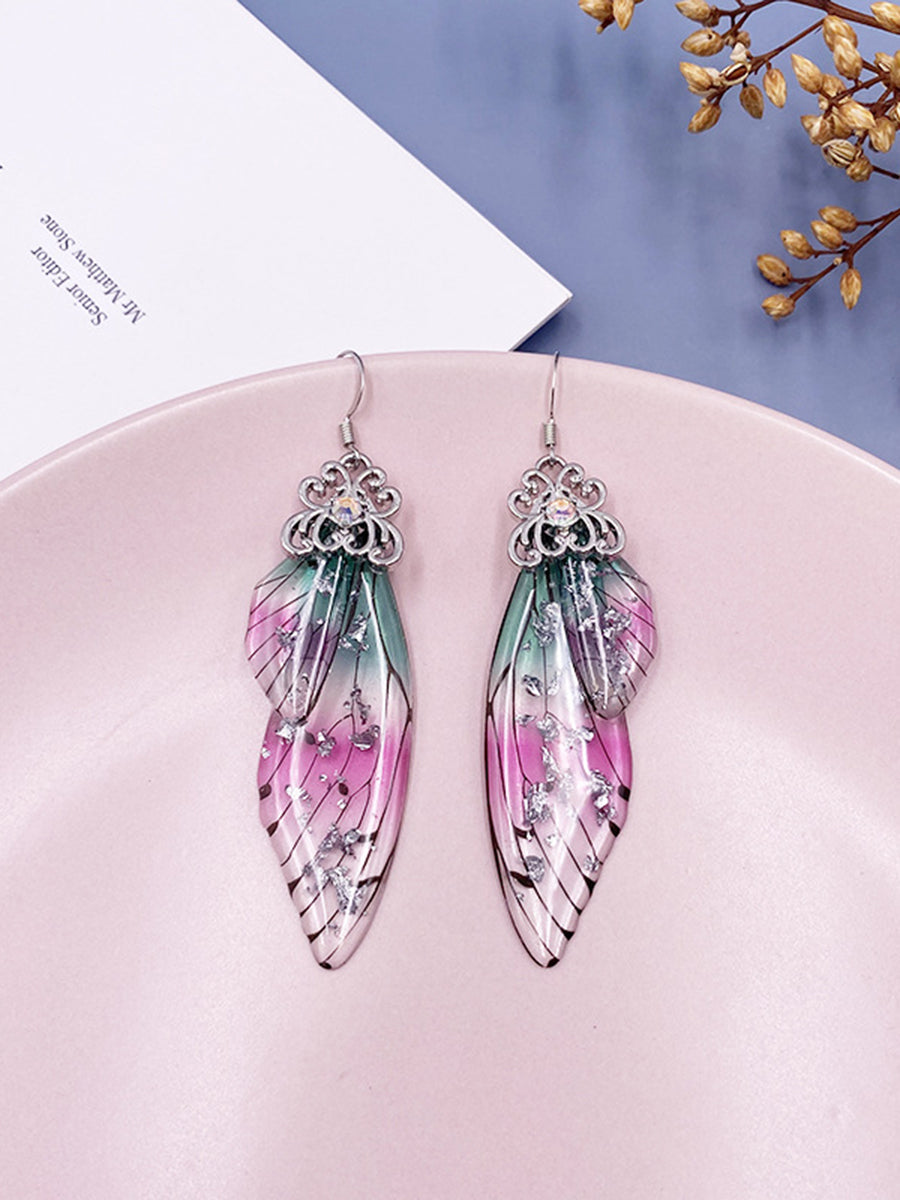 Orecchini in cristallo con ala di cicala, strass iridescenti, ala di farfalla