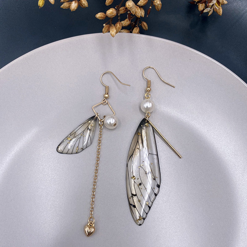 Butterfly Wing Grey Gold Foil Cicada Wing Tassel Earrings