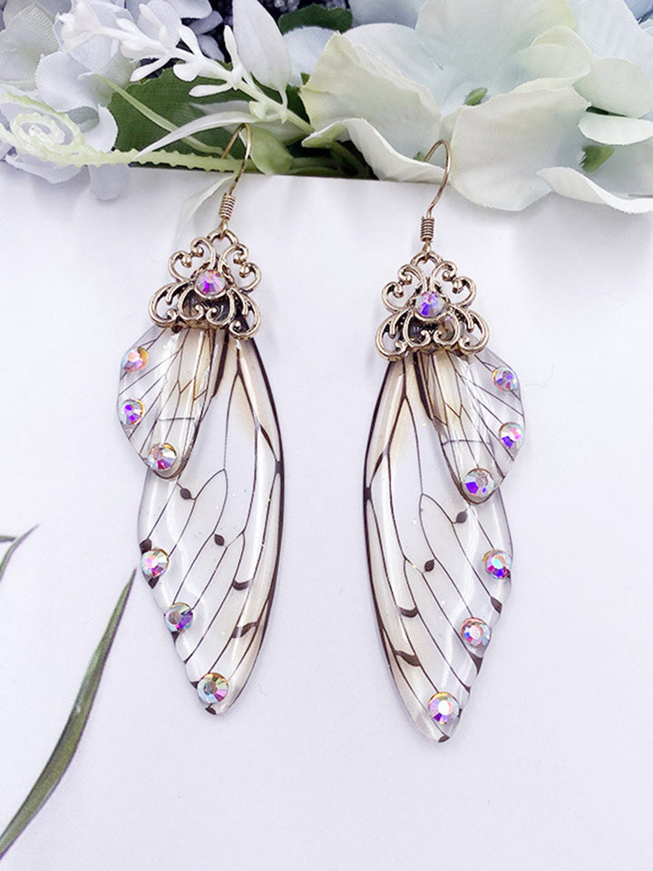 Boucles d'oreilles en cristal d'aile de cigale avec strass gris et aile de papillon