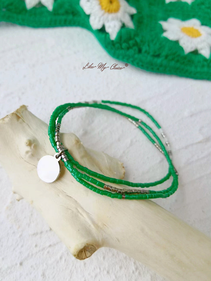 Adjustable Drawstring Beaded Bracelet Emerald Silver Pearl