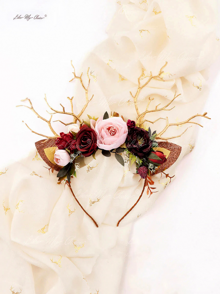 Burgunderfarbenes Blumen-Weihnachts-Rentier-Stirnband | LikeMyChoice®
