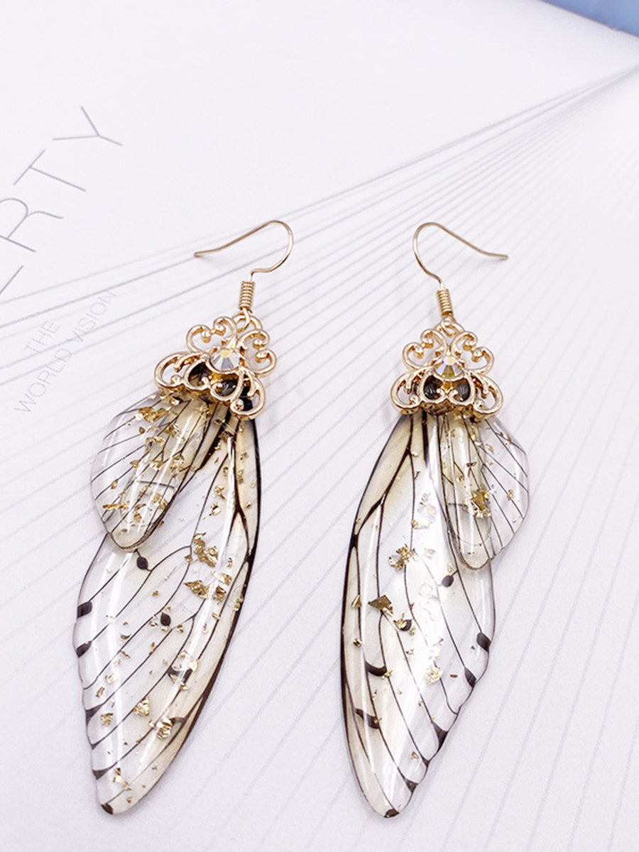 Pendientes de cristal de ala de cigarra con diamantes de imitación grises con alas de mariposa