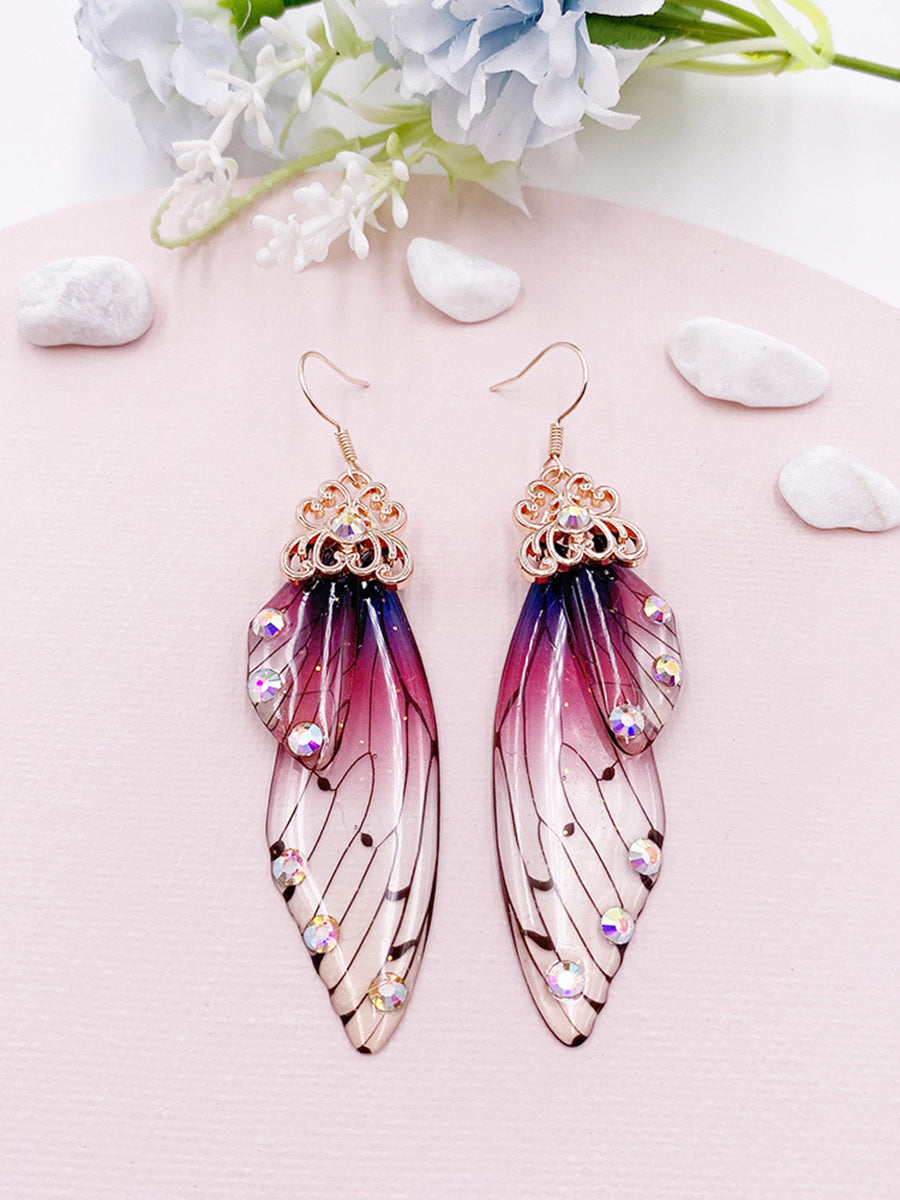 Pendientes de cristal de ala de cigarra con diamantes de imitación morados y ala de mariposa