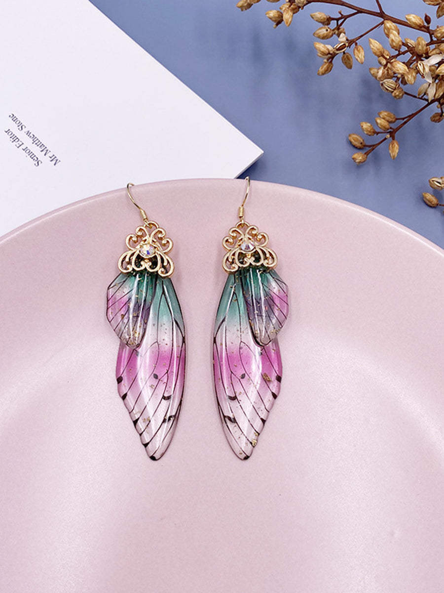 Pendientes de cristal de ala de cigarra con diamantes de imitación iridiscentes y ala de mariposa