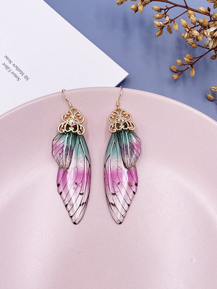 Pendientes de cristal de ala de cigarra con diamantes de imitación iridiscentes y ala de mariposa