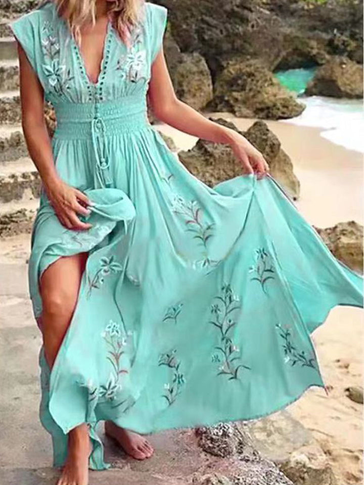 V Neck French Beach Boho Print Dress