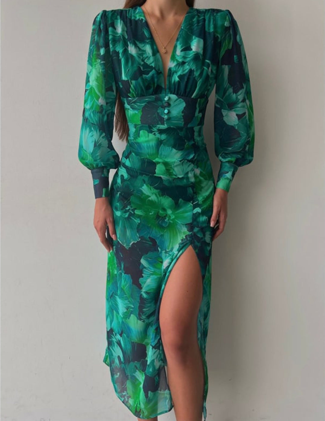 Calista groene Bloom maxi-jurk met V-hals en lange mouwen