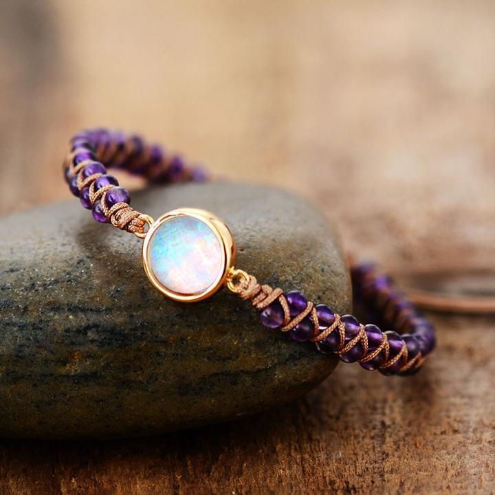 天然紫水晶和蛋白石串编织手链